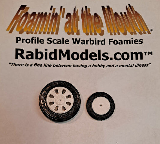 3D-printed wheel parts for the Fun Scale Models P-40, Macchi Folgore, and P-63