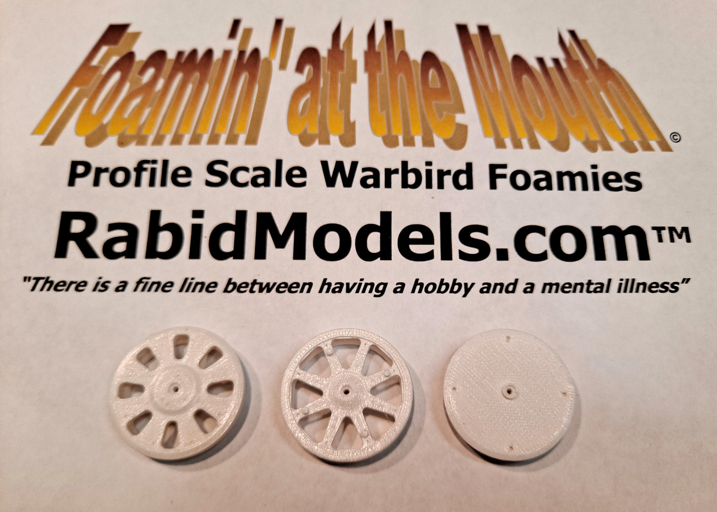 3D-printed wheel parts for the Fun Scale Models P-40, Macchi Folgore, and P-63